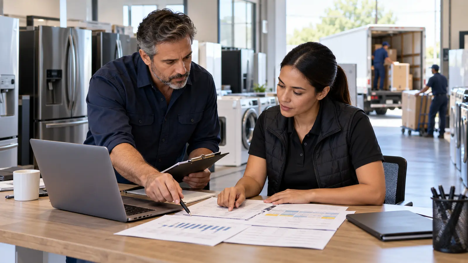 Appliance retailer and delivery manager reviewing purchase orders and delivery capacity