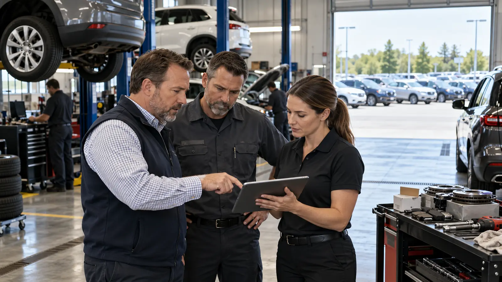 Auto dealership managers reviewing inventory aging and vehicle reconditioning plans