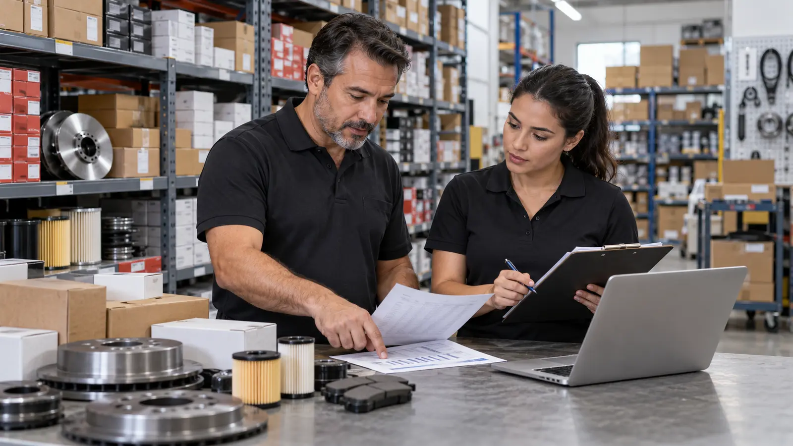 Auto-parts retailer and inventory manager reviewing a supplier order and stock report