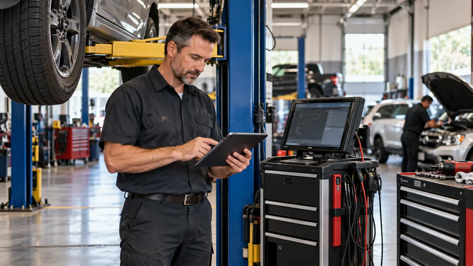 Auto repair shop owner reviewing equipment needs beside a vehicle lift and diagnostic system