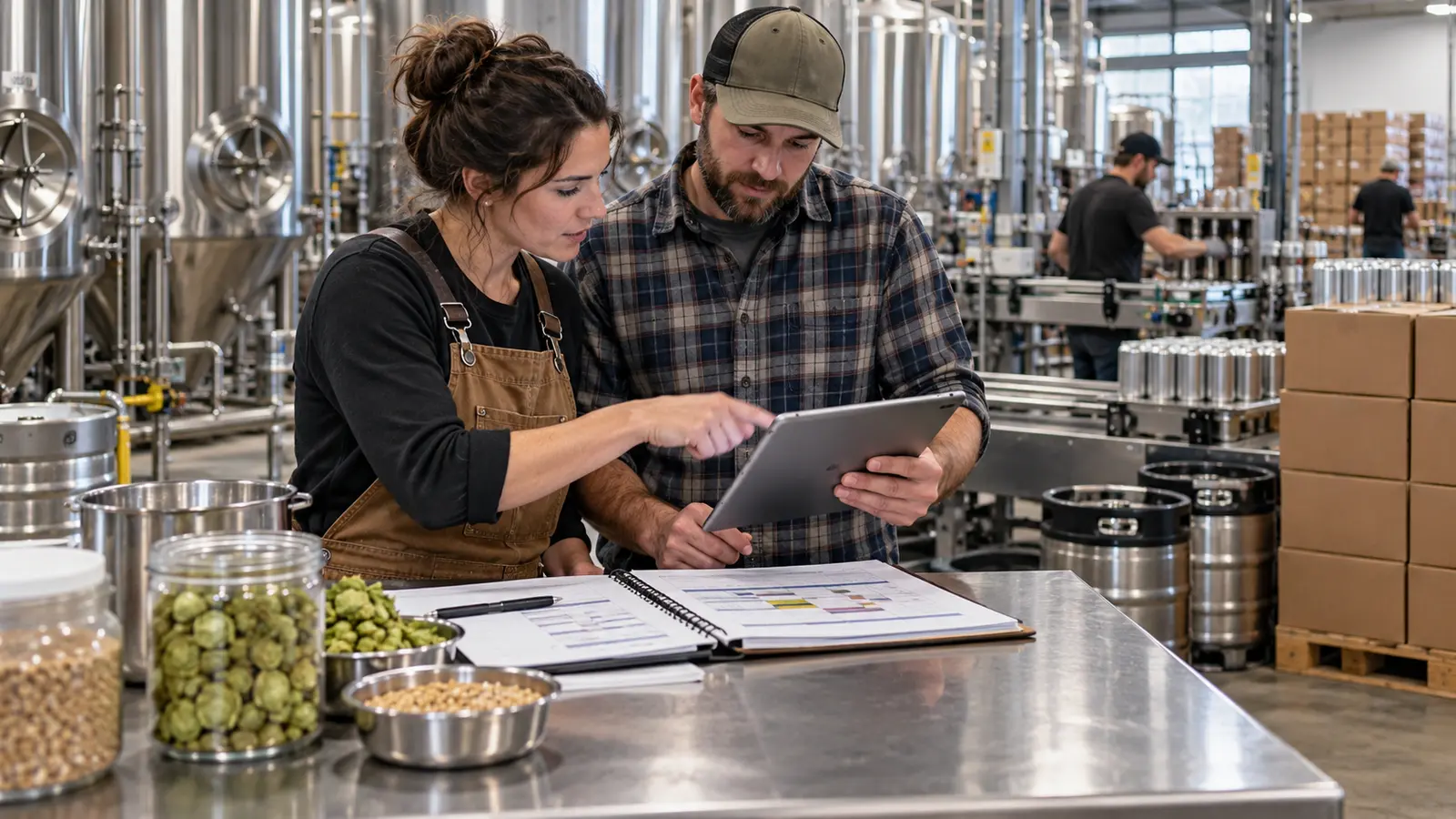 Craft beverage managers reviewing production, ingredients and distribution plans