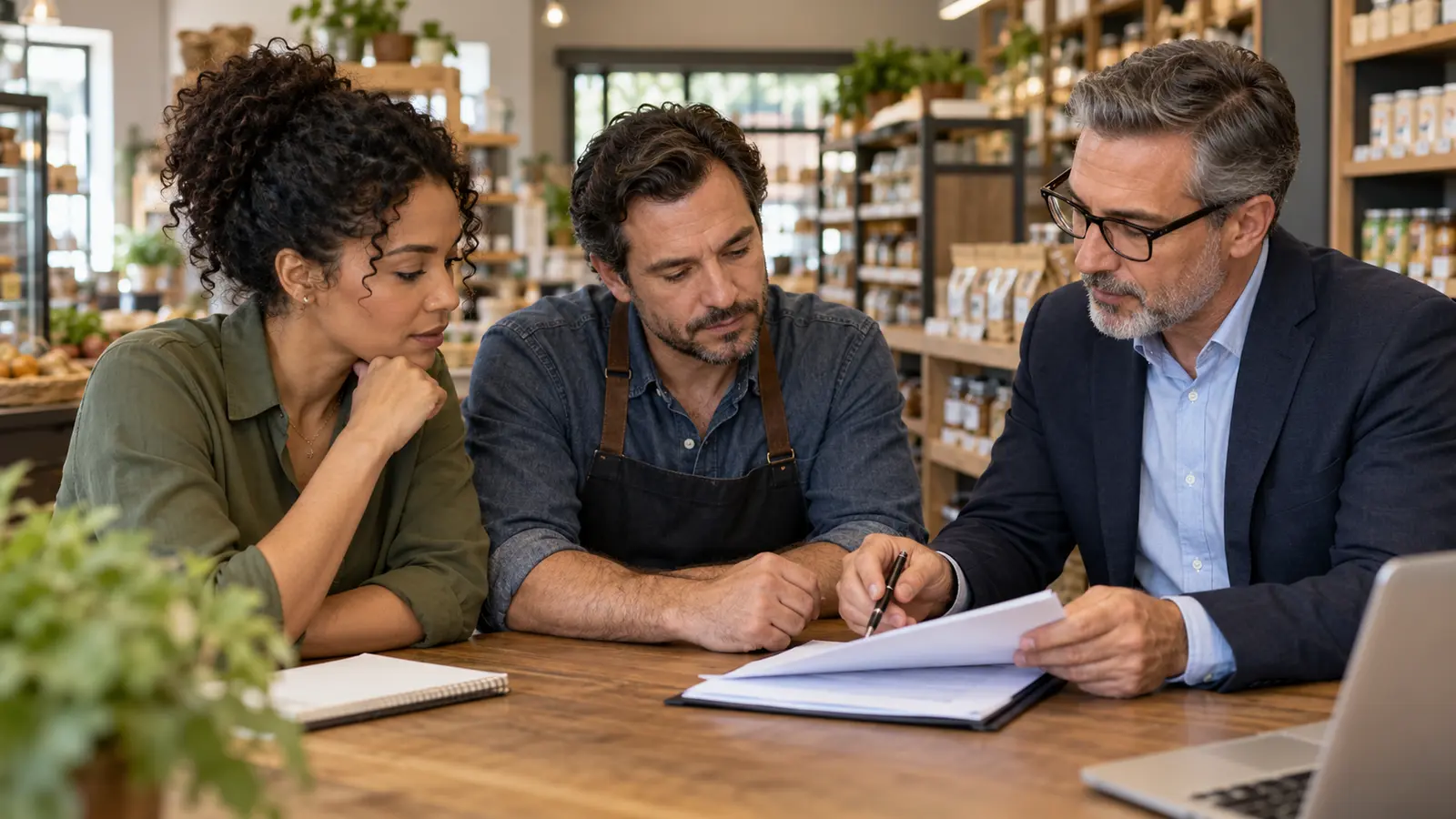 Entrepreneur and seller reviewing a small-business acquisition agreement with an advisor
