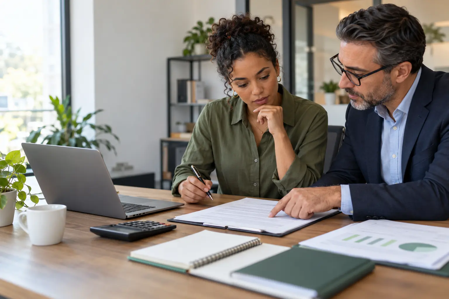 Business owner and adviser carefully reviewing a funding agreement before signing