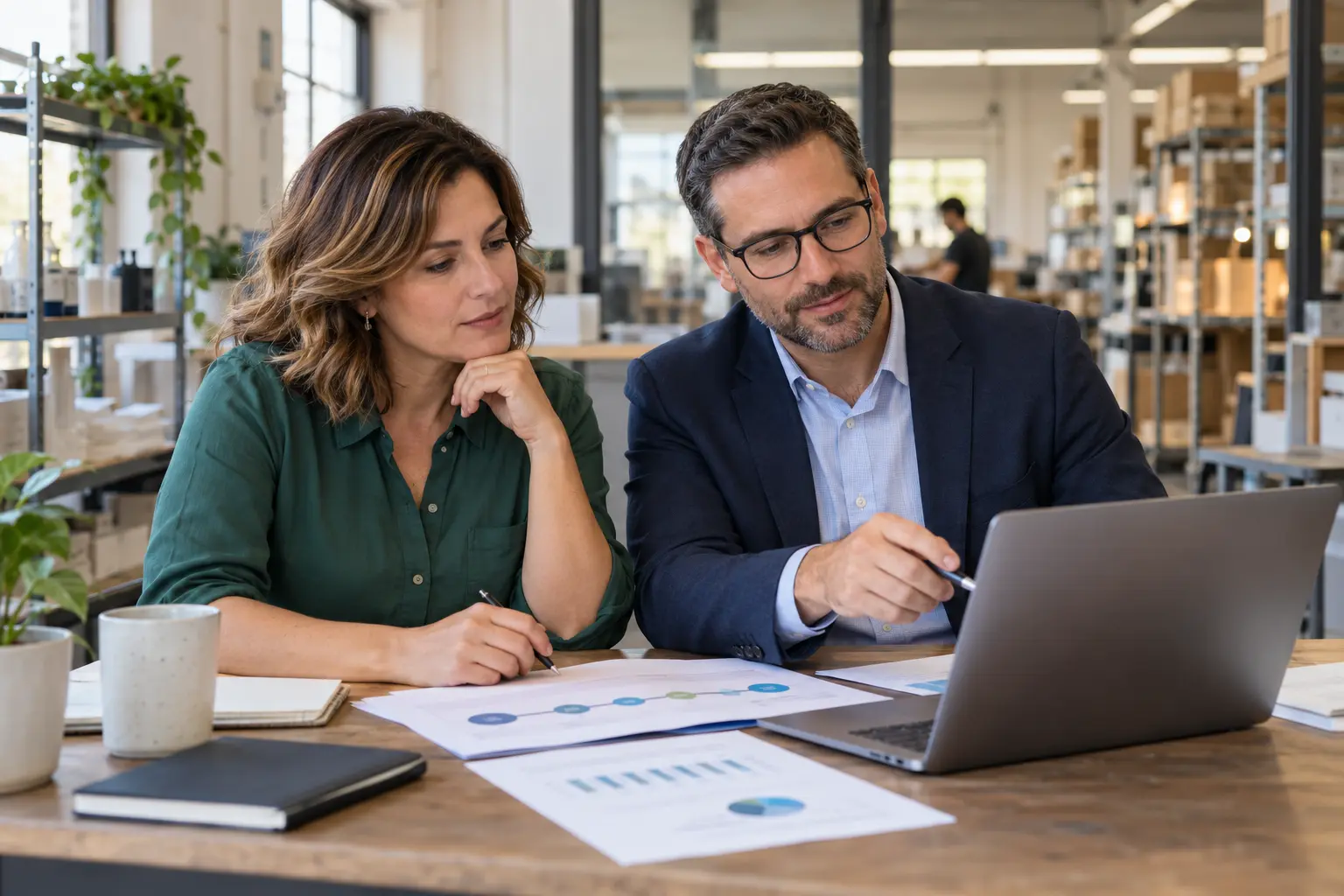 Business owner and adviser reviewing performance and cash flow before a funding renewal