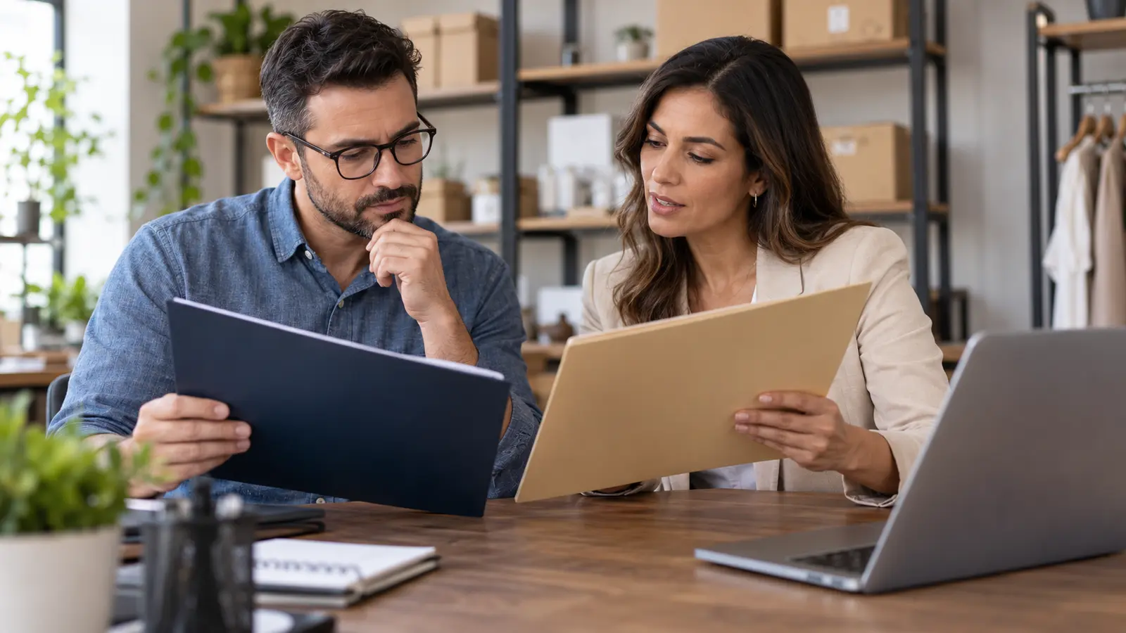 Business owner comparing a line of credit and term-loan structure with an advisor
