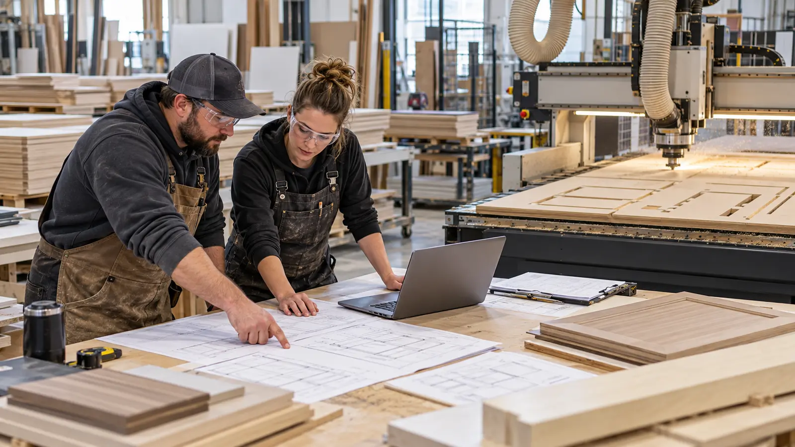 Cabinet-shop managers reviewing CNC production plans and material needs