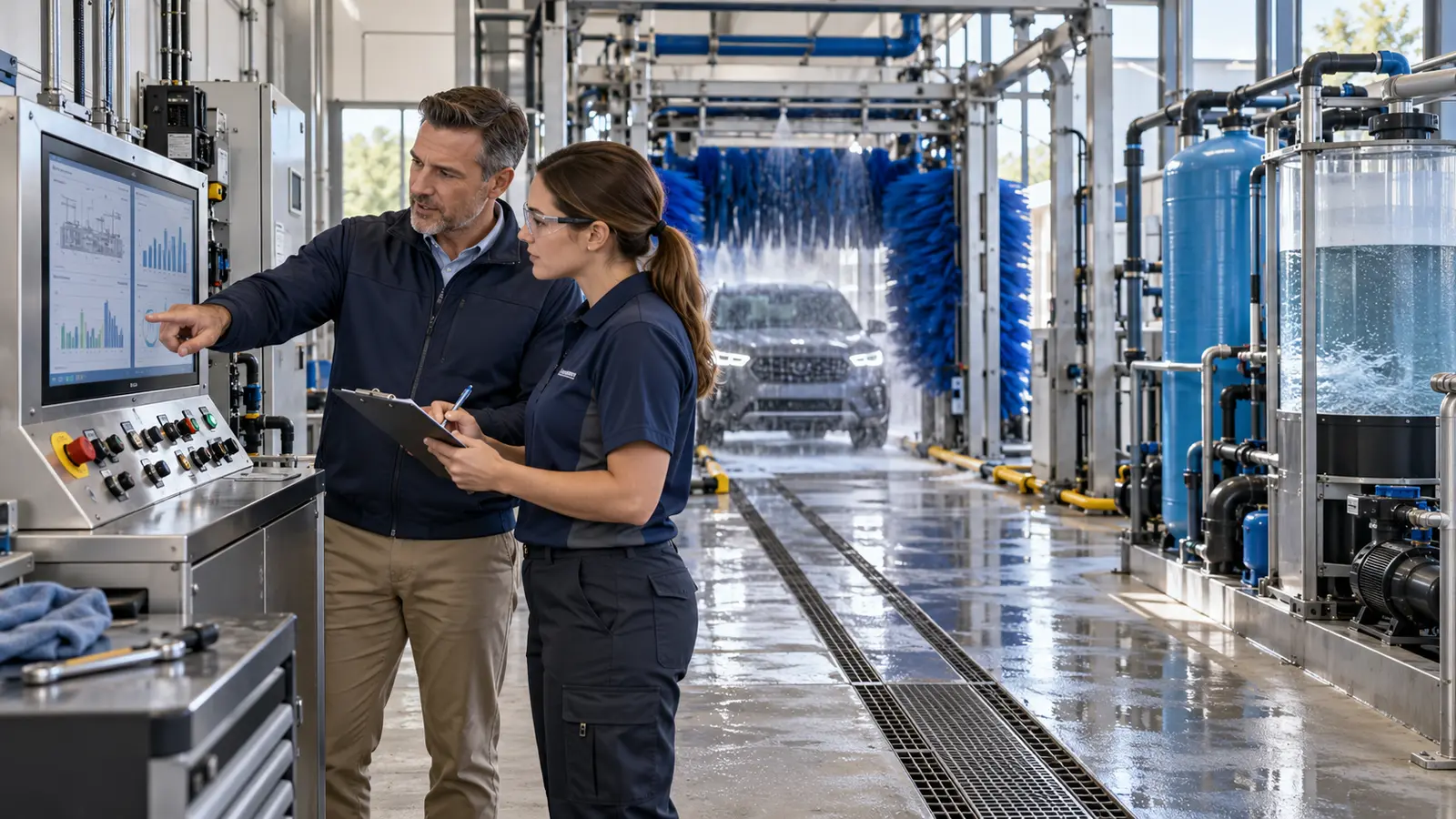 Car wash owner and technician reviewing tunnel equipment and water-reclaim operations