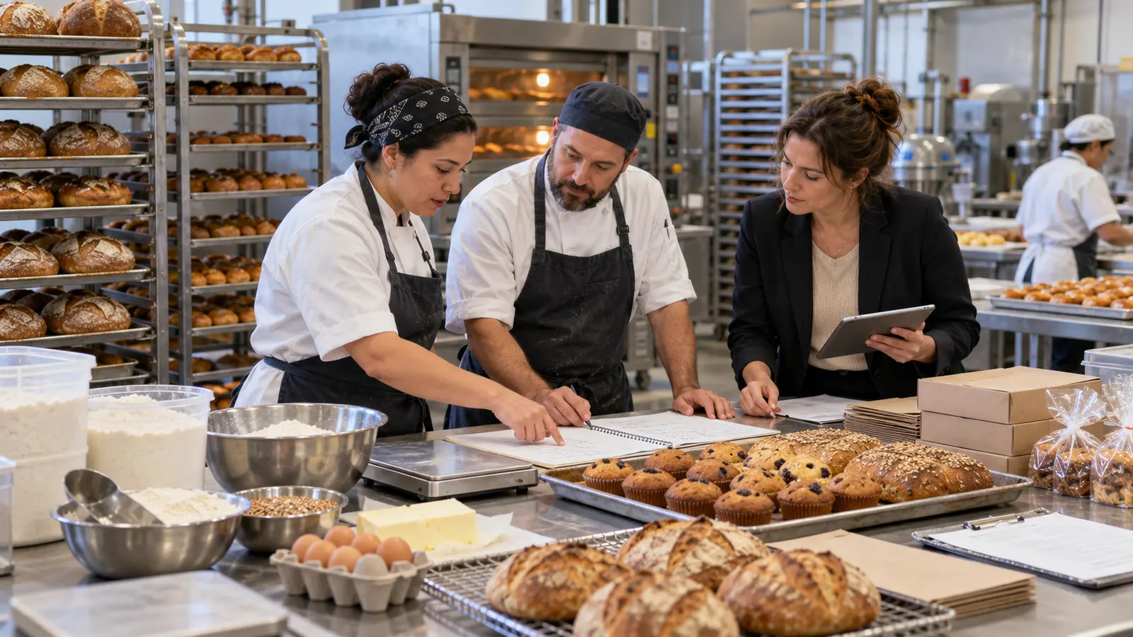 Commercial bakery team reviewing ingredients, production yield and wholesale orders