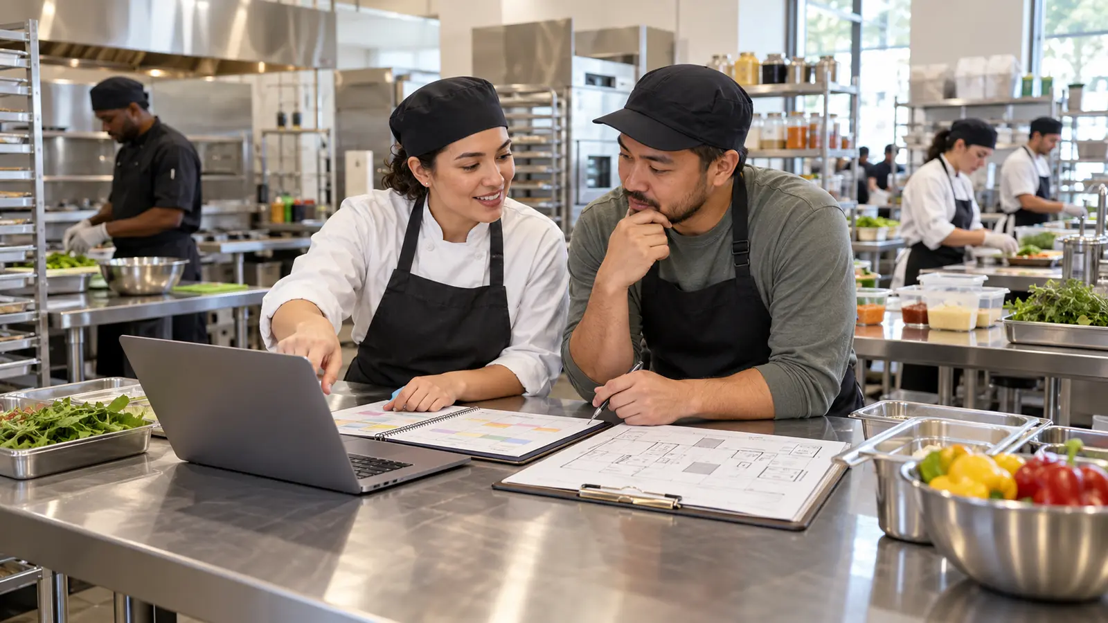 Commissary kitchen operators reviewing bookings and equipment plans