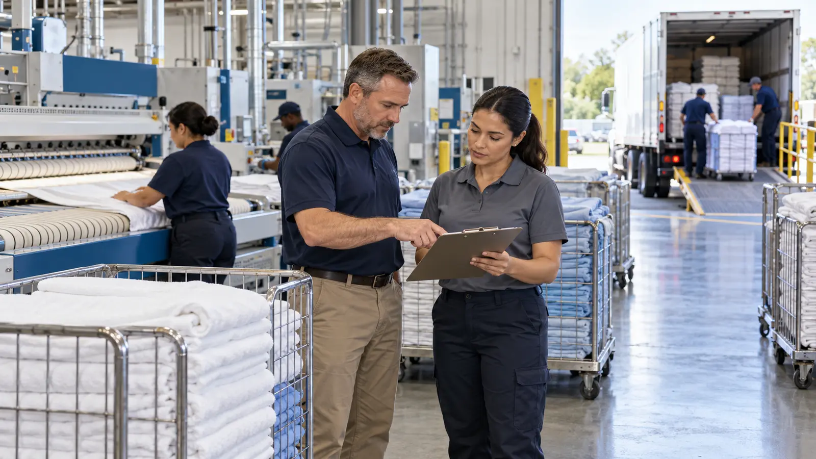 Commercial laundry managers reviewing linen production and route operations