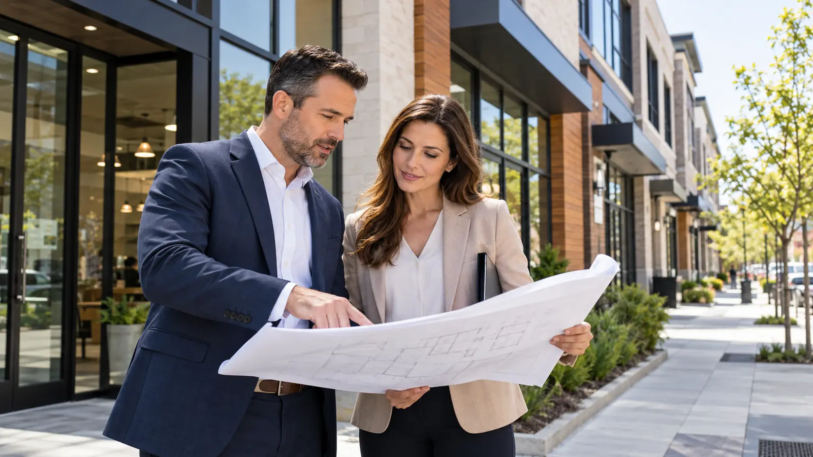 Commercial property buyer reviewing building plans with a real-estate advisor