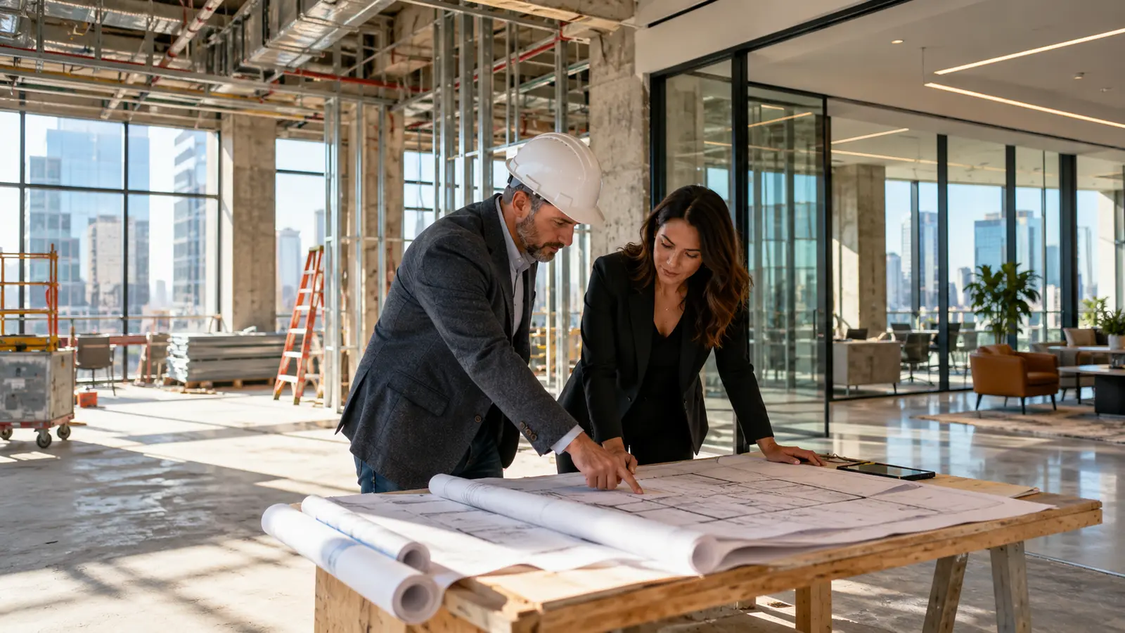 Commercial property developer reviewing renovation and bridge-financing plans