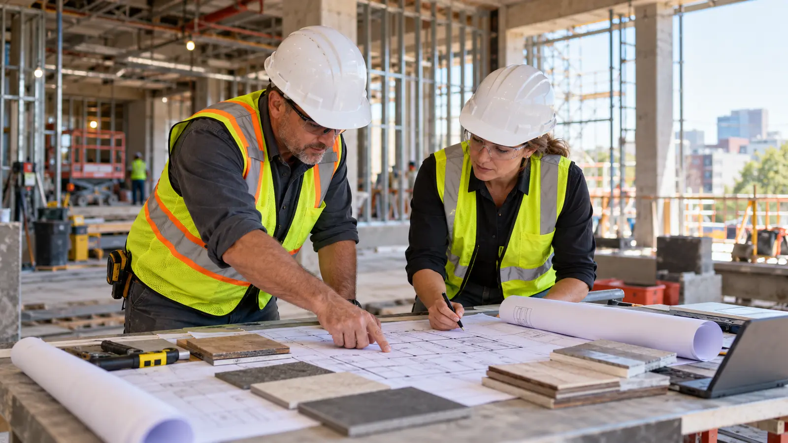 Contractor and project manager reviewing plans and construction costs