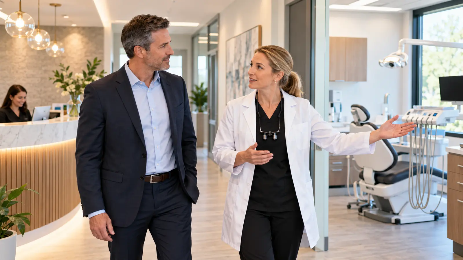 Dentist evaluating an established practice and its equipment with the current owner