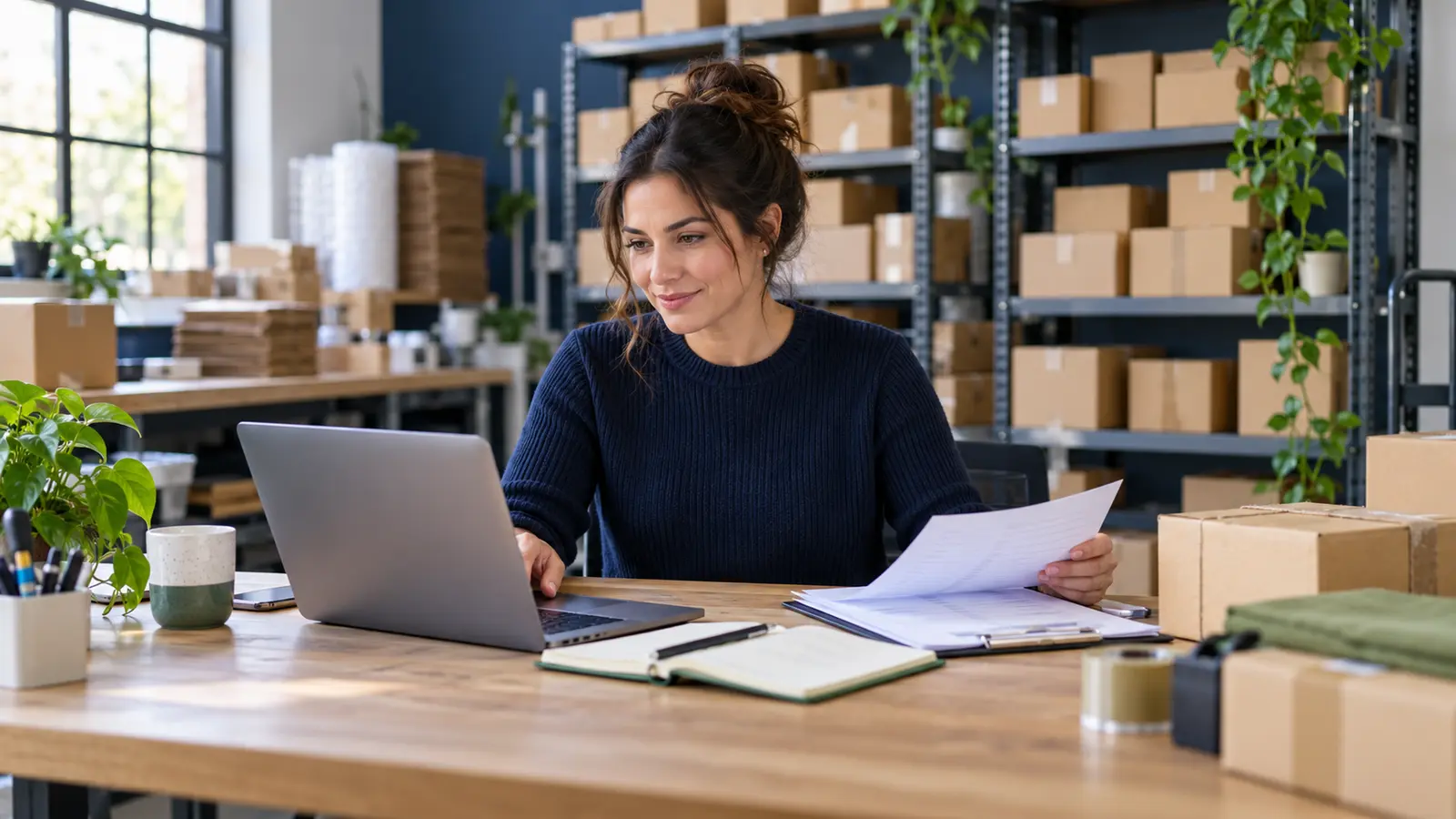 E-commerce owner reviewing inventory and supplier purchase plans in a fulfillment workspace
