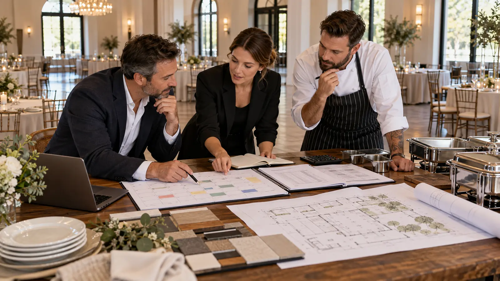 Event venue team reviewing bookings, deposits, catering equipment and renovation plans