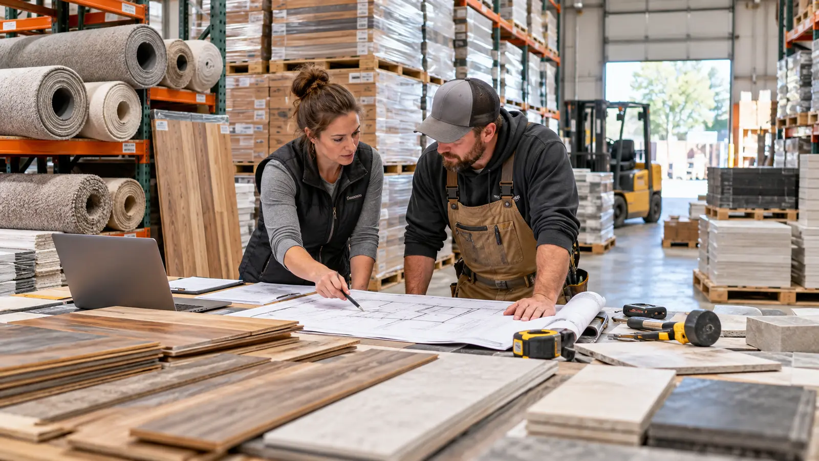 Flooring company managers reviewing measurements, inventory and installation plans