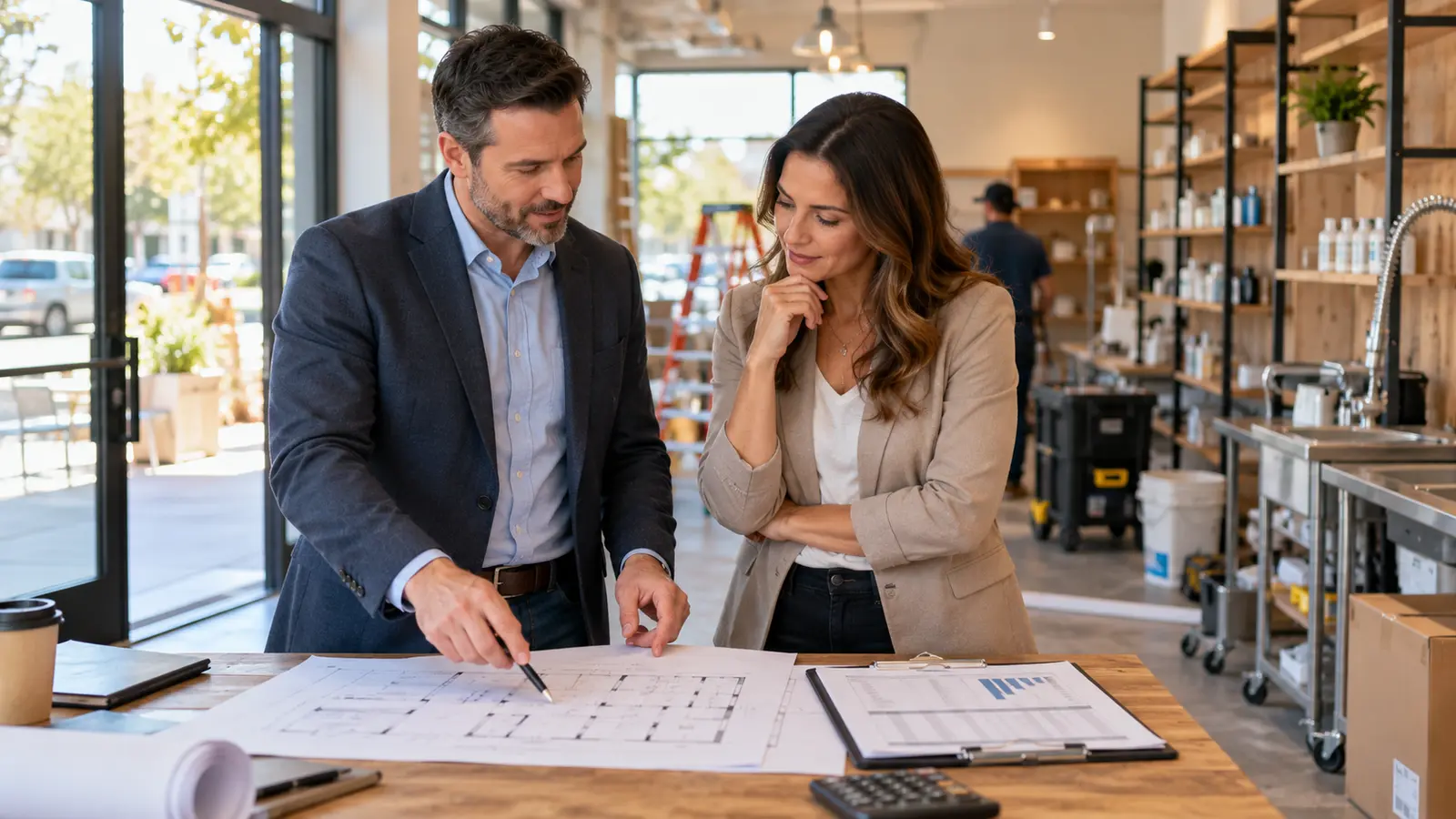 Prospective franchise buyer reviewing a location plan and startup budget with an advisor
