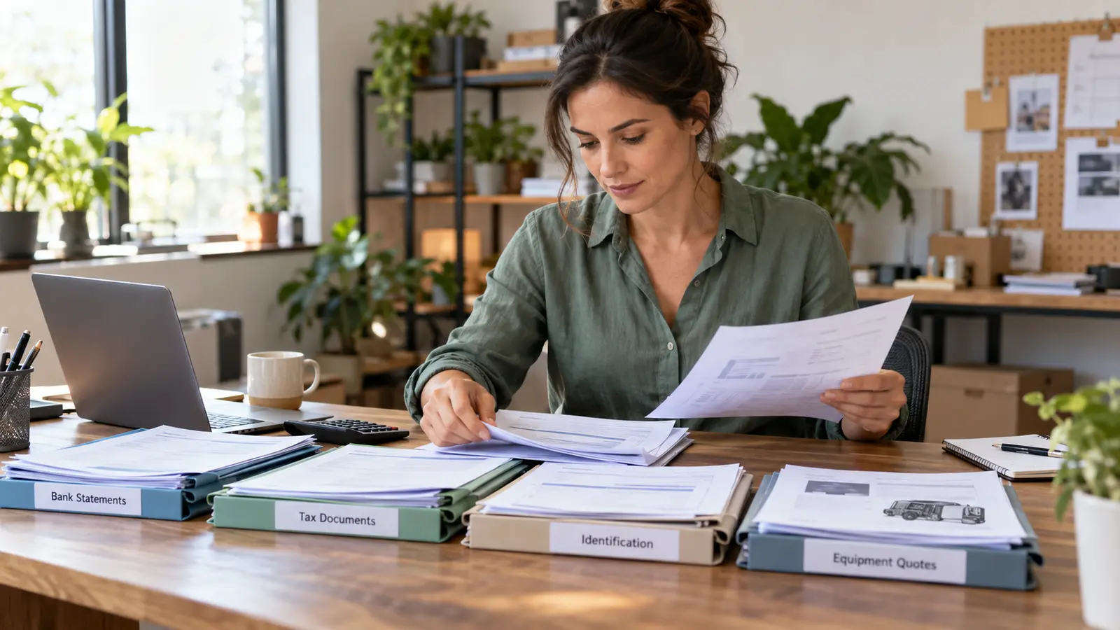 Laptop and organized workspace for preparing business funding documents