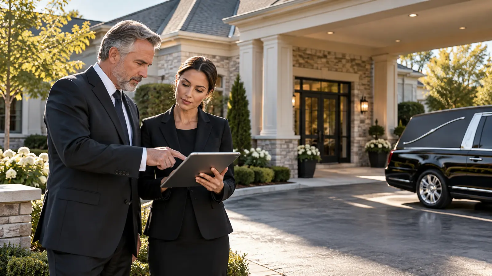 Funeral home operator and advisor reviewing facility, vehicle and acquisition plans