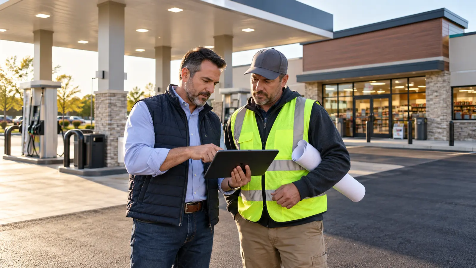Gas station owner and contractor reviewing pumps, canopy and store improvement plans