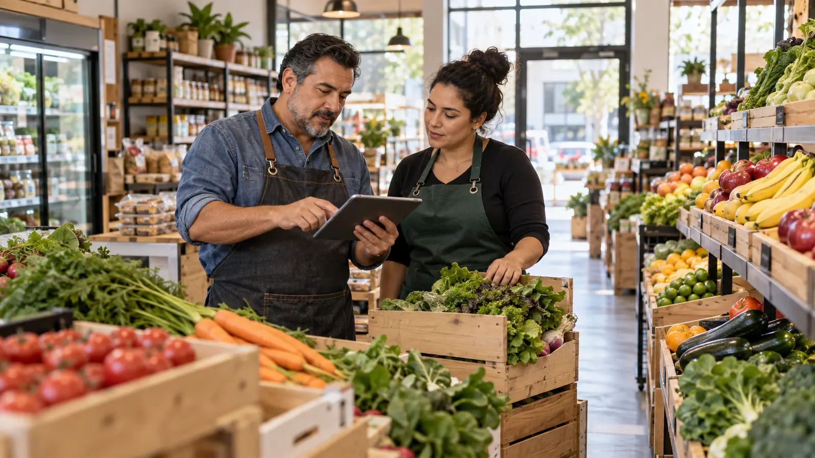 Independent market owner reviewing inventory and store equipment plans