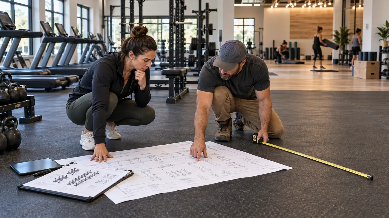Fitness business owner and technician planning equipment and studio buildout