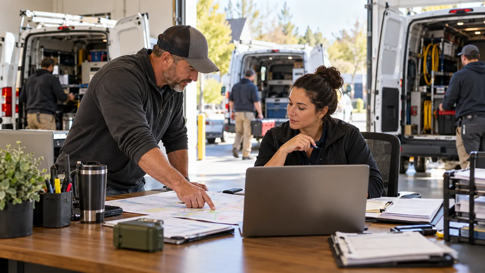 Home-services owner and dispatcher planning crews and scheduled field work
