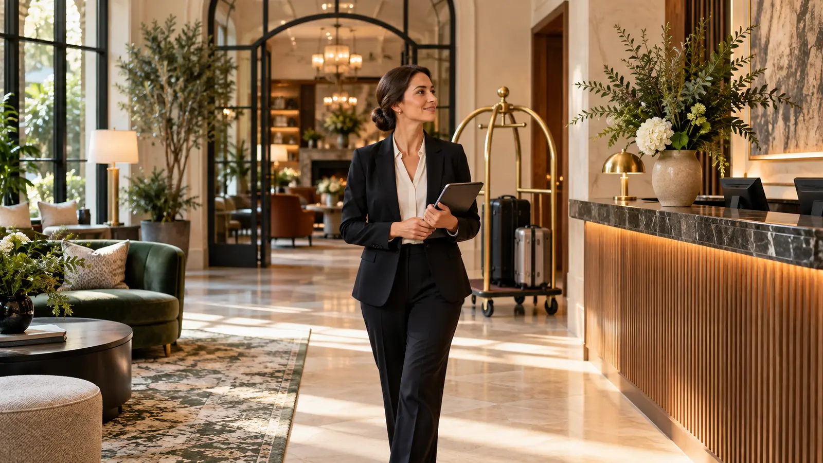 Hotel owner reviewing renovation plans and seasonal cash flow in a modern lobby