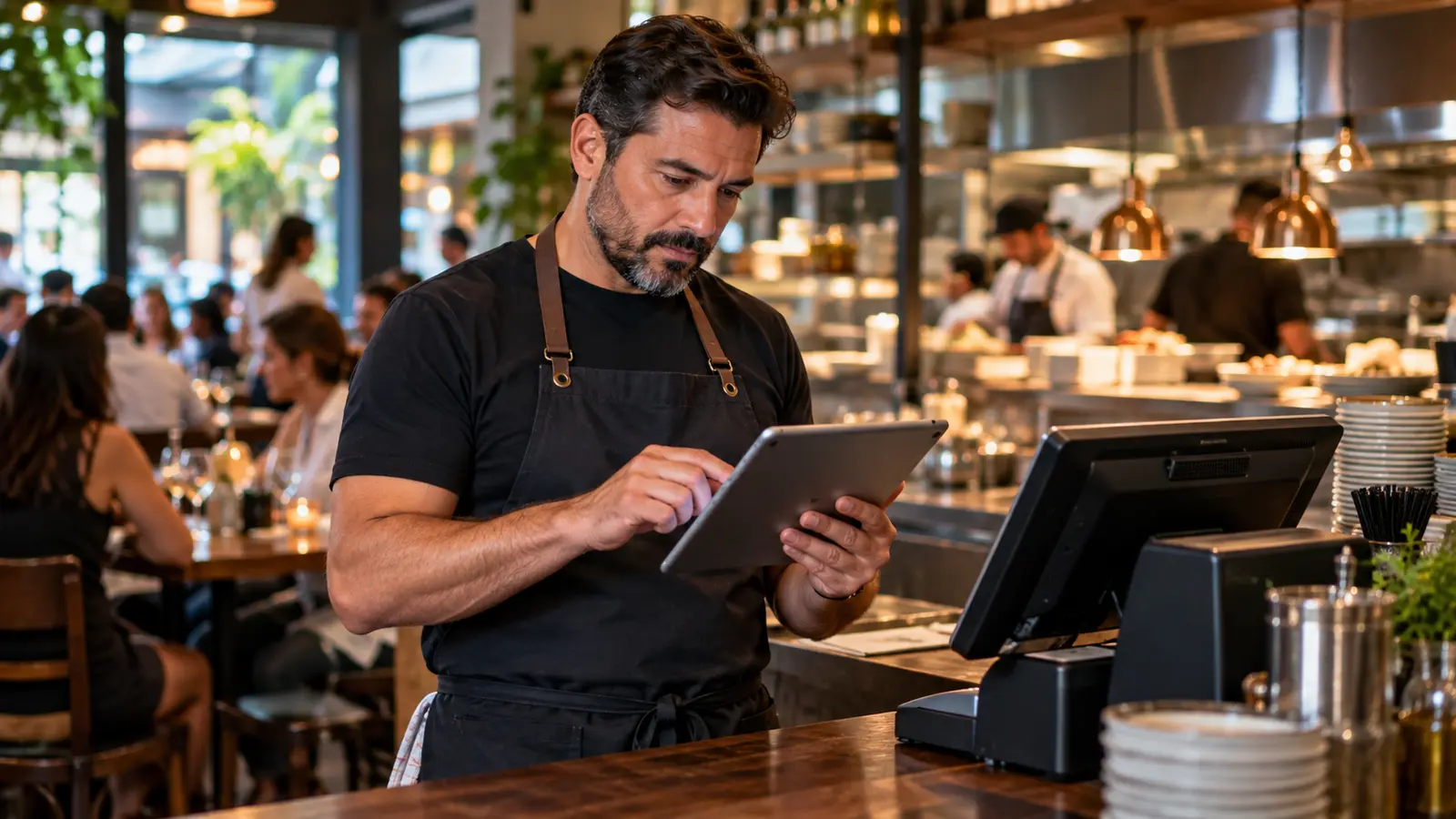 Business owner reviewing card sales and merchant cash advance terms