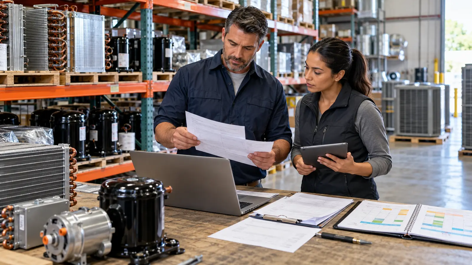 HVAC business managers reviewing parts inventory and seasonal work schedules