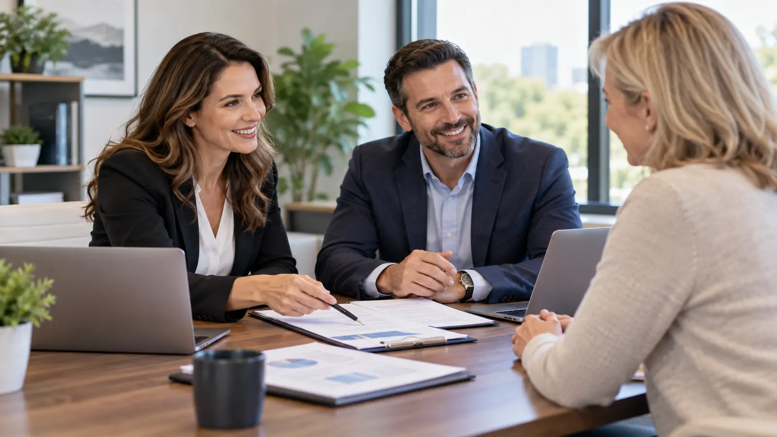 Insurance agency owner reviewing commission reports, staffing and growth plans