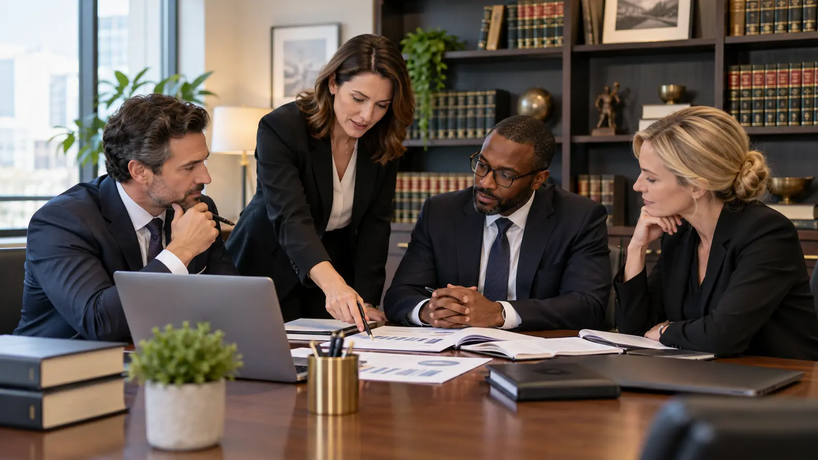 Law firm managing partner reviewing operating and technology plans in a modern office