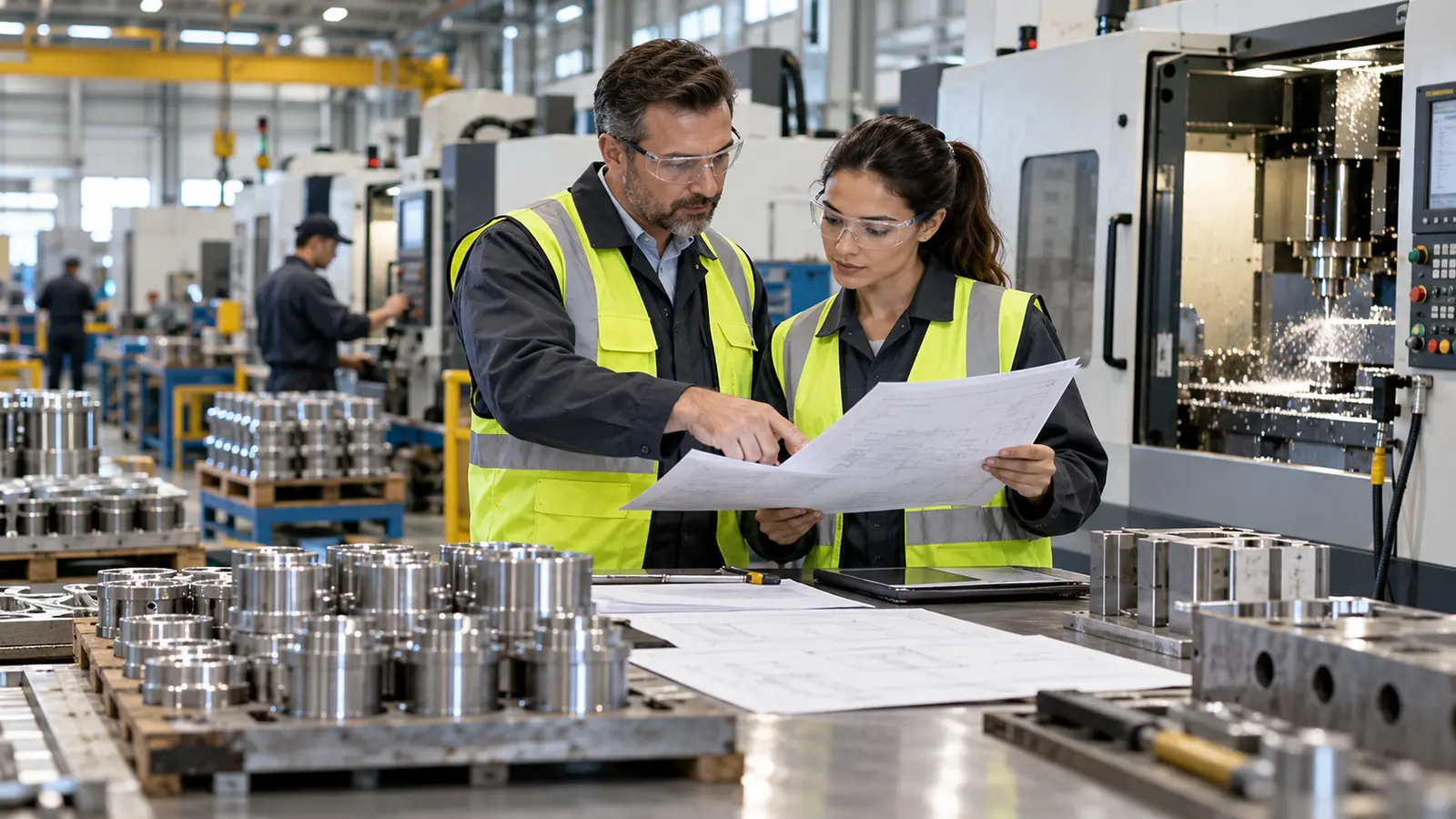 Manufacturing managers reviewing equipment plans beside a production line