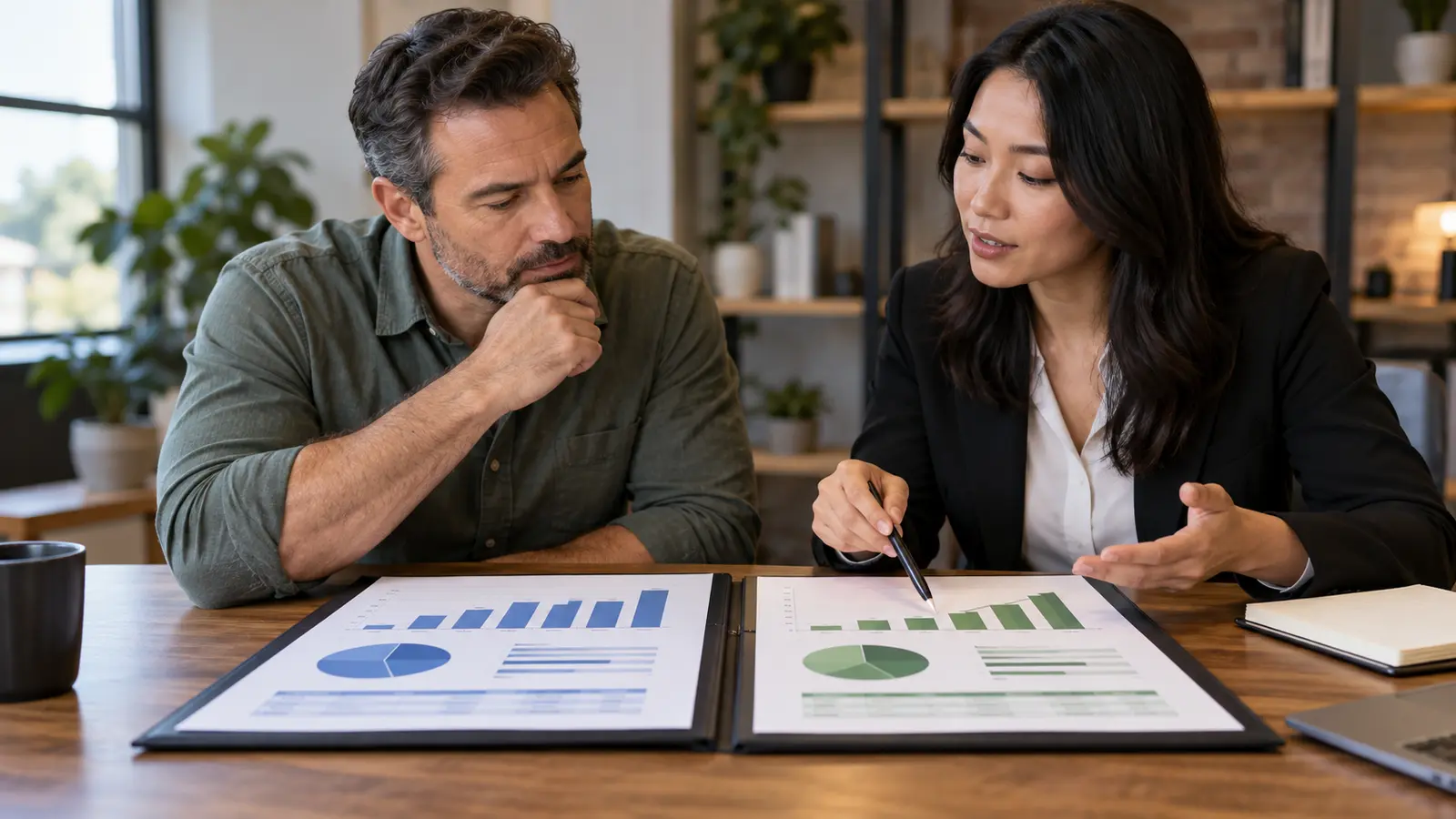 Business owner and adviser comparing merchant cash advance and revenue-based financing structures
