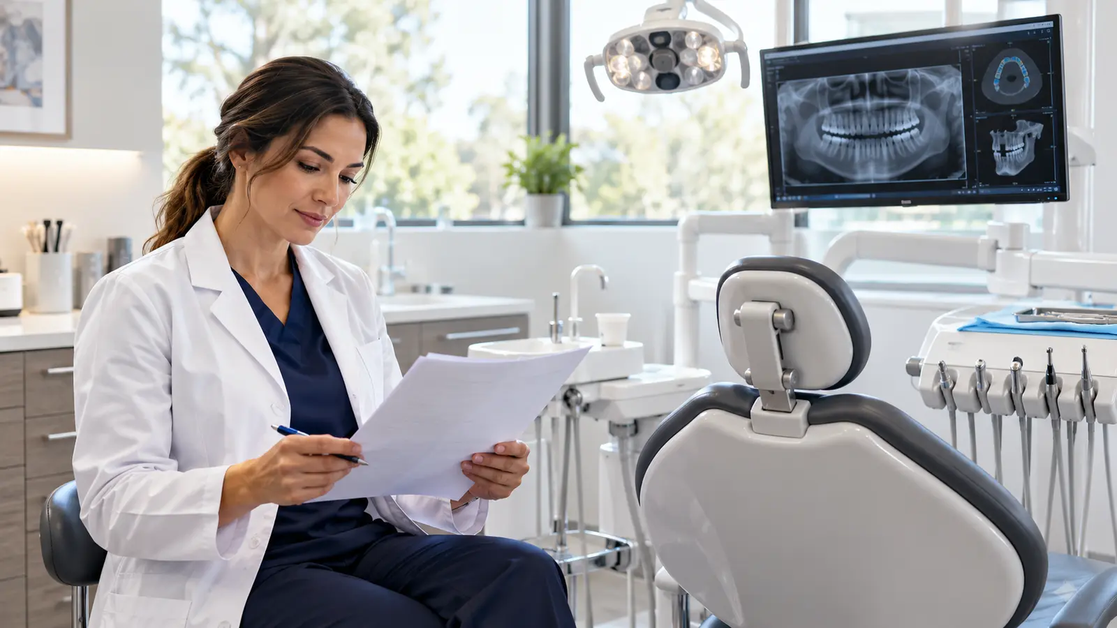 Dental practice owner reviewing an equipment quote beside modern treatment and imaging equipment