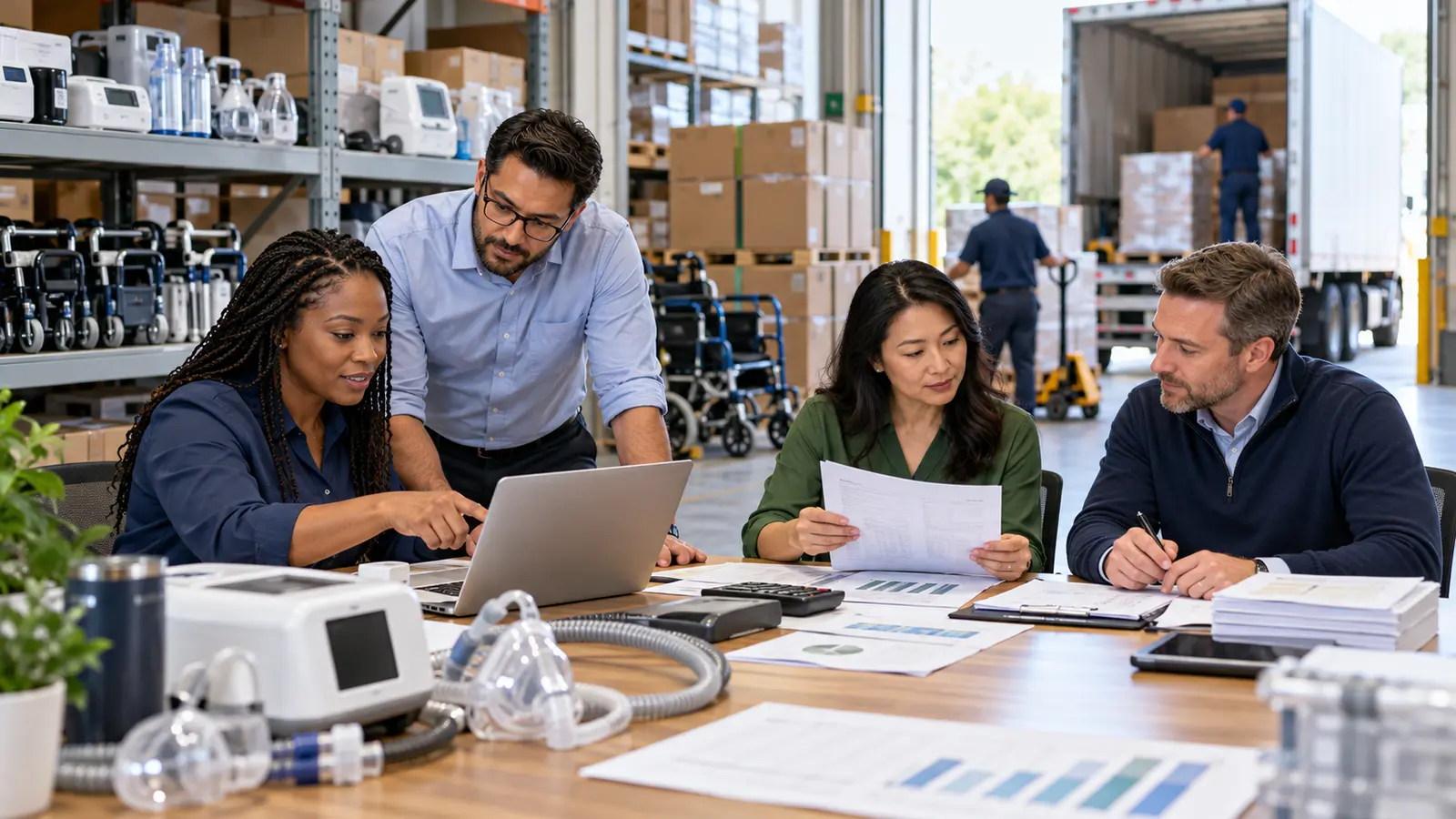 Medical equipment supplier team reviewing inventory, purchase orders and delivery plans