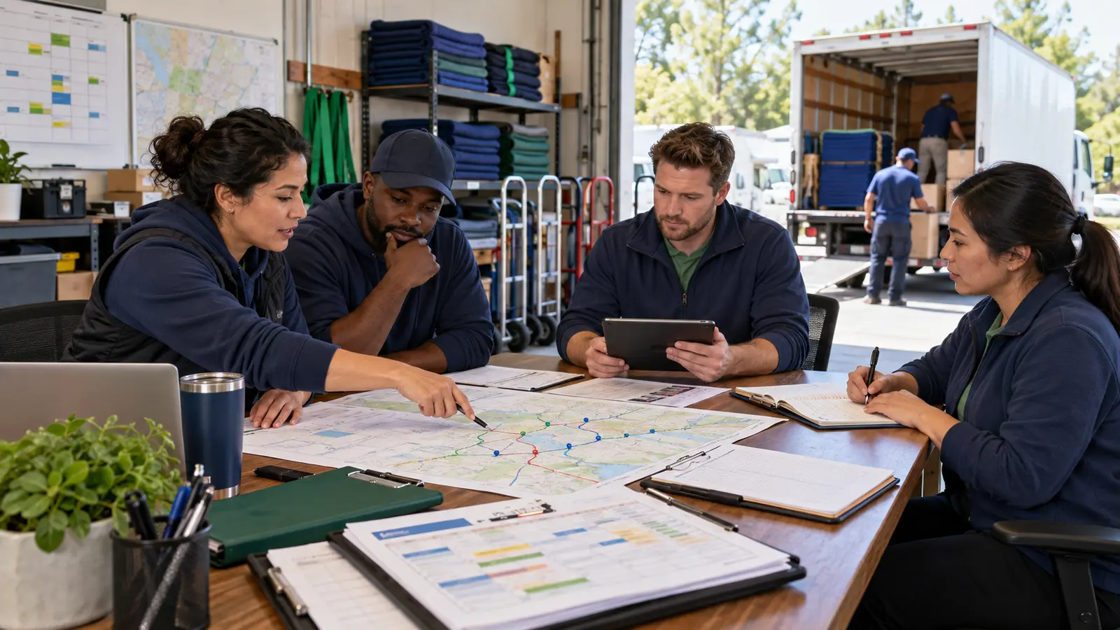 Moving company operations team planning routes, crews and seasonal bookings
