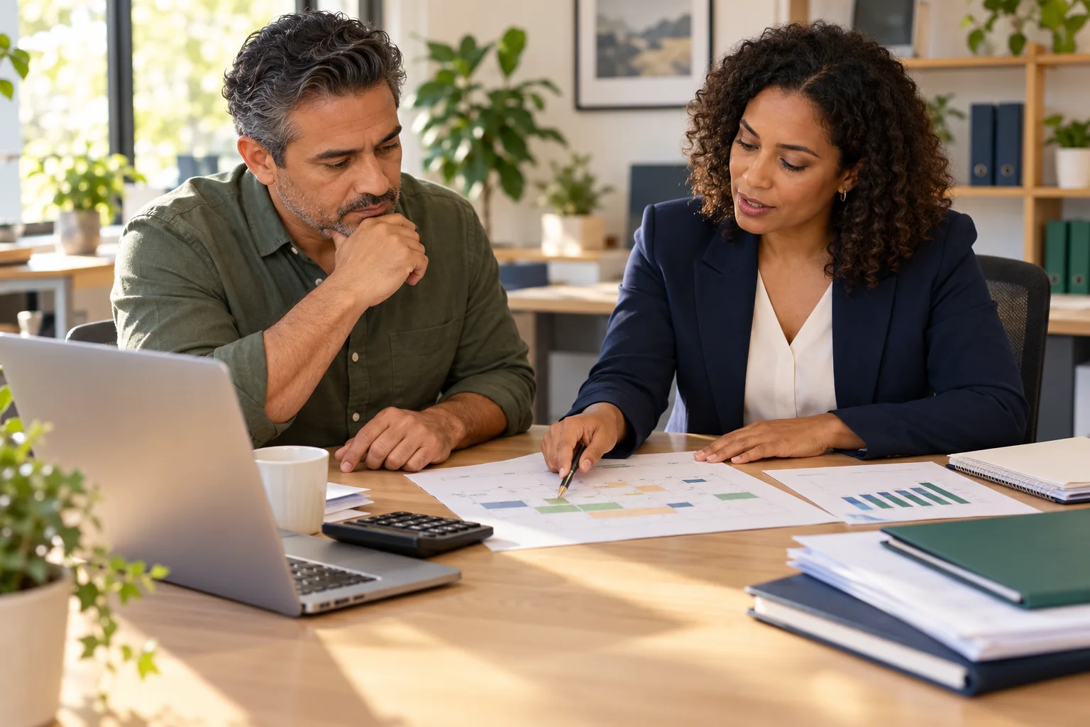 Business owner and adviser mapping overlapping business funding payments on a calendar