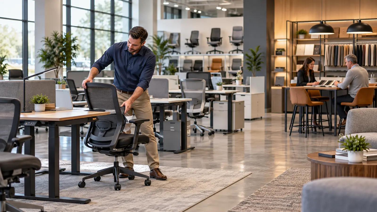 Office furniture dealer reviewing inventory, project schedules and business funding plans