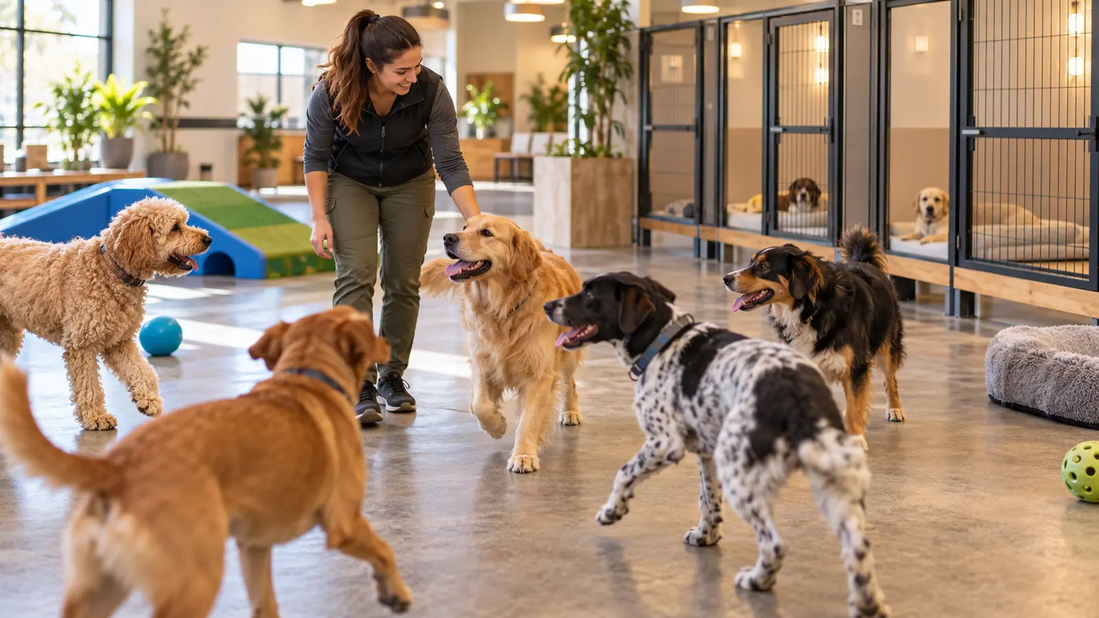 Pet-care operator reviewing facility plans with a dog nearby