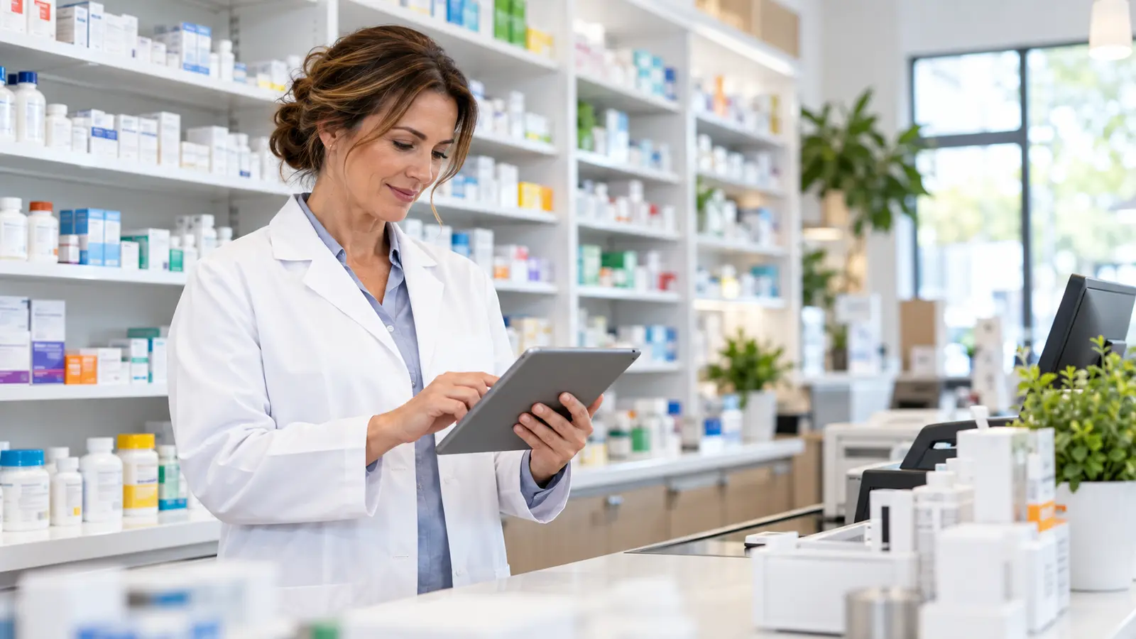 Independent pharmacy owner reviewing inventory and business information on a tablet