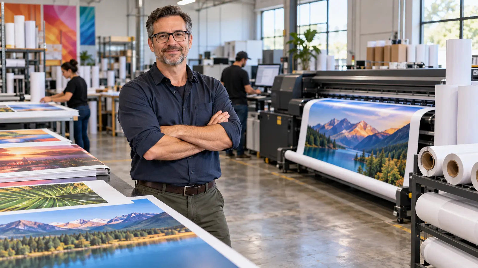 Commercial printing company owner reviewing press capacity, materials and customer orders