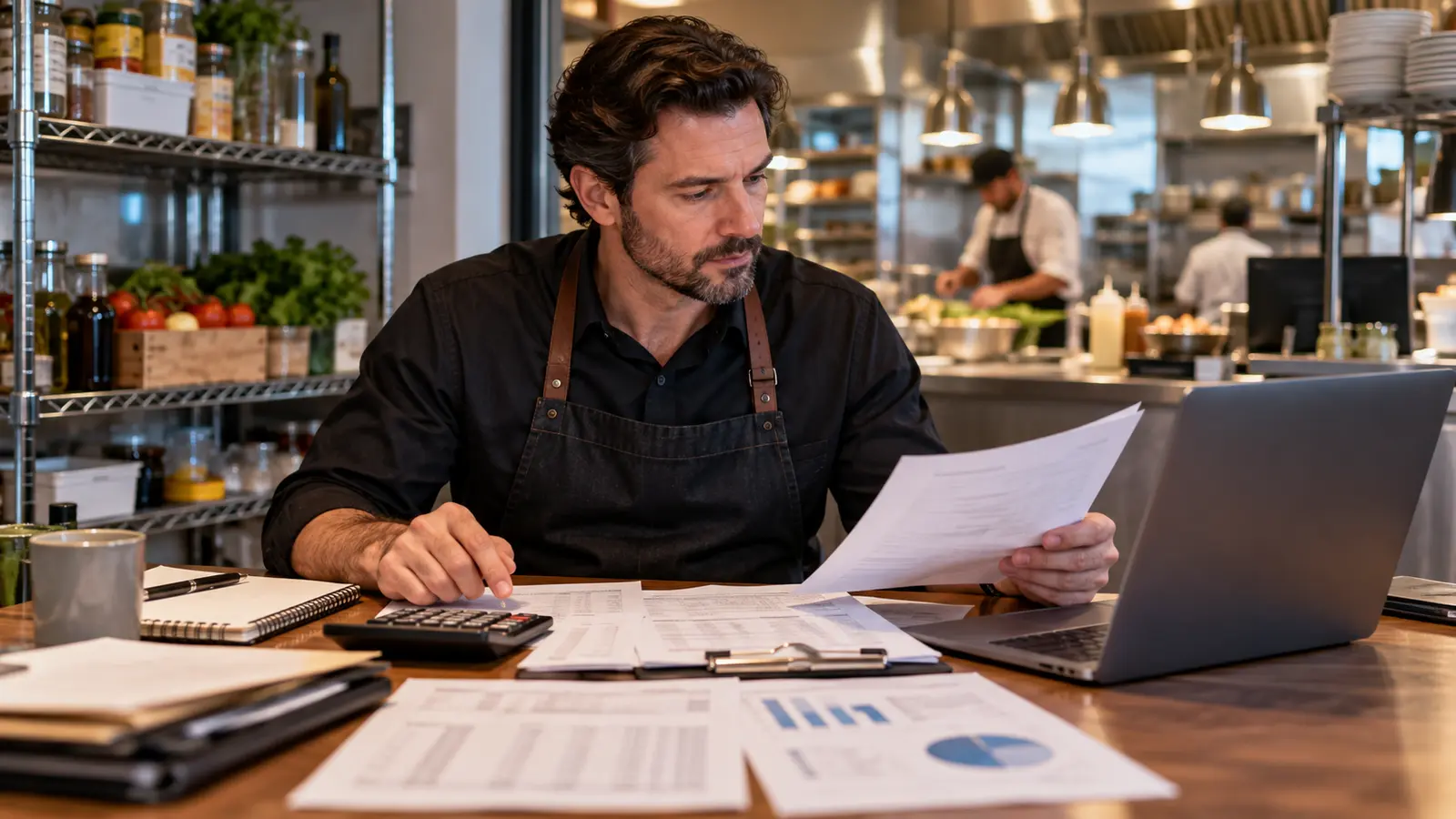 Restaurant owner reviewing operating costs and funding options in a commercial kitchen