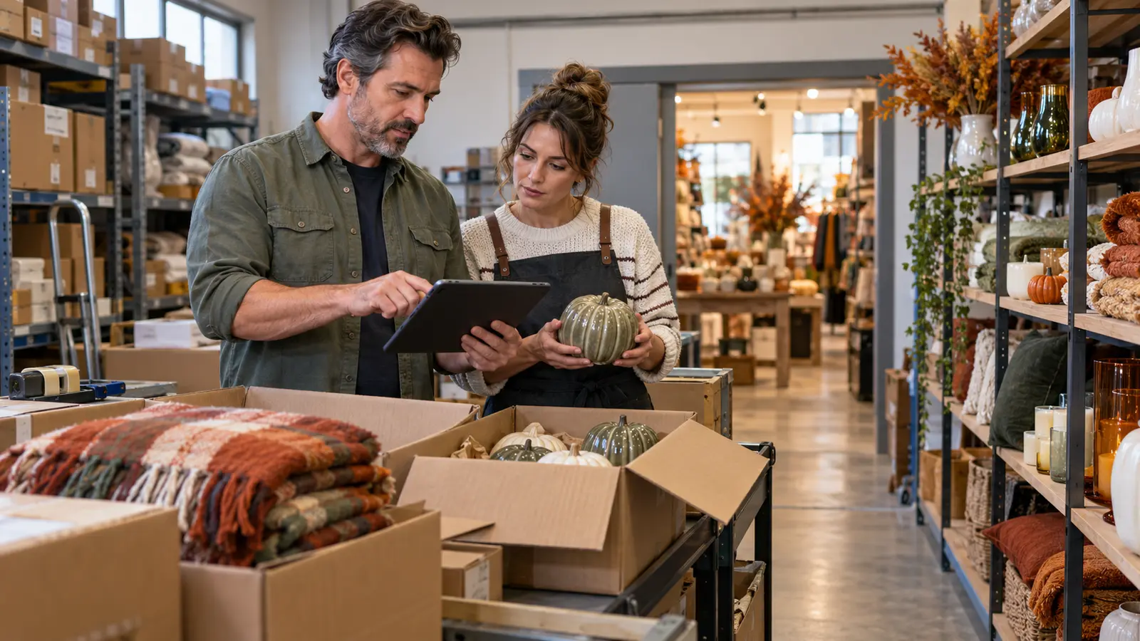 Retail owner and buyer reviewing newly delivered seasonal inventory