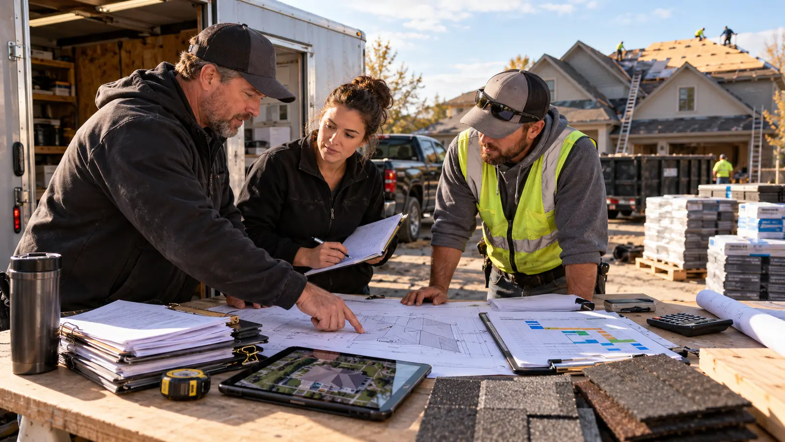 Roofing contractor team reviewing project costs, materials, backlog and crew scheduling