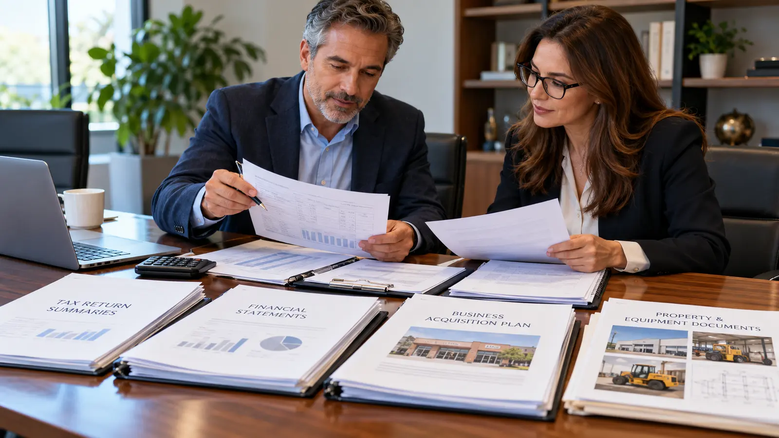 Business owner and advisor preparing financial and project documents for an SBA financing review