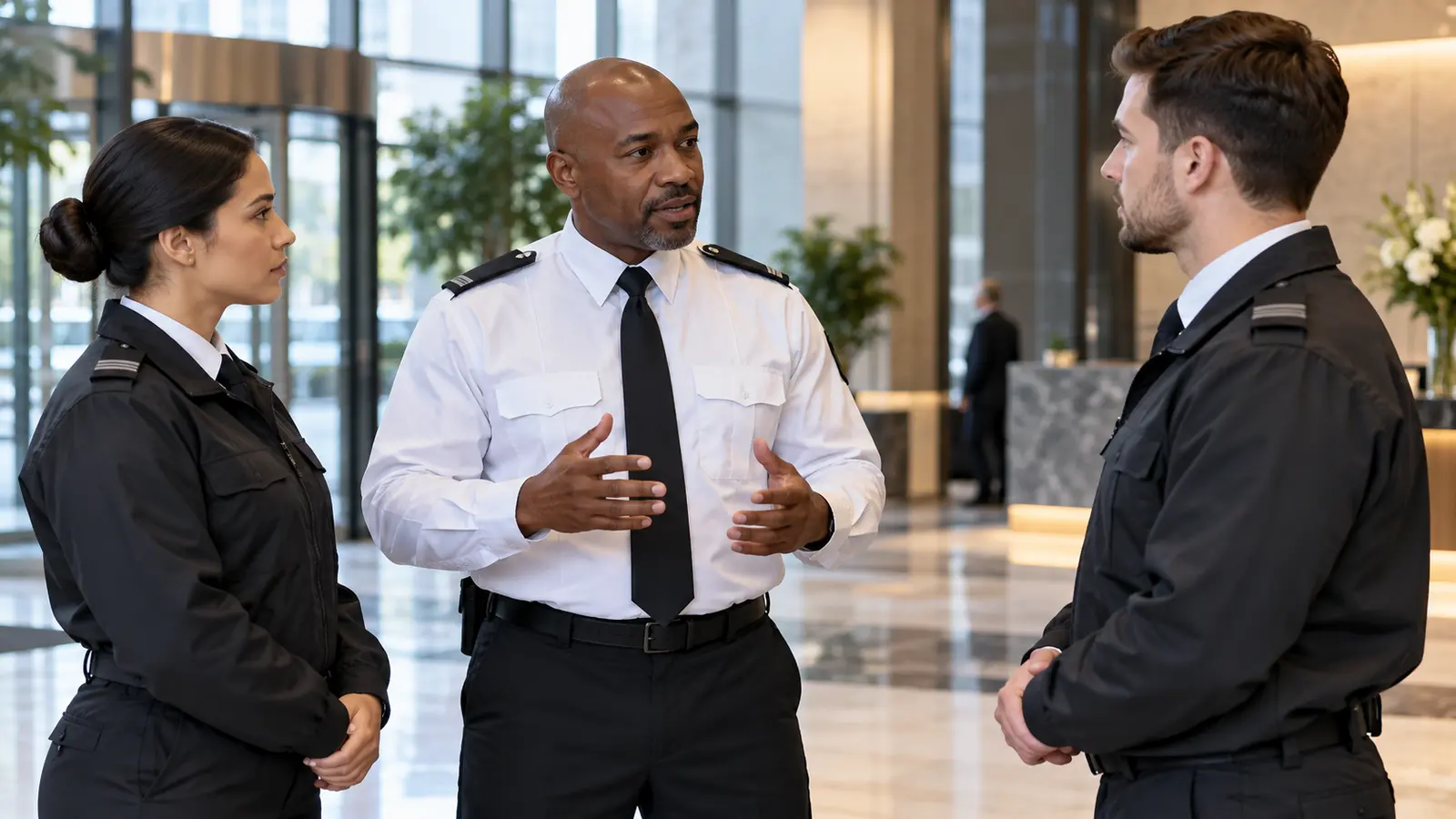 Security company owner reviewing guard schedules, contracts and payroll plans