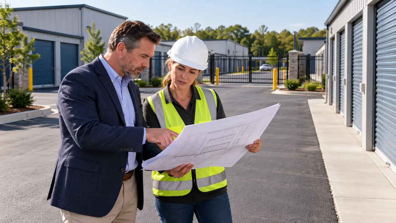 Self-storage buyer and property inspector reviewing a facility improvement plan