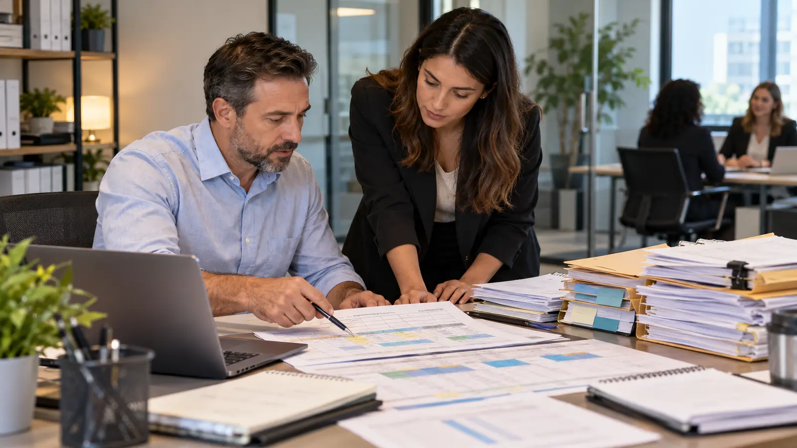 Staffing agency team reviewing weekly payroll, approved time sheets and customer invoices